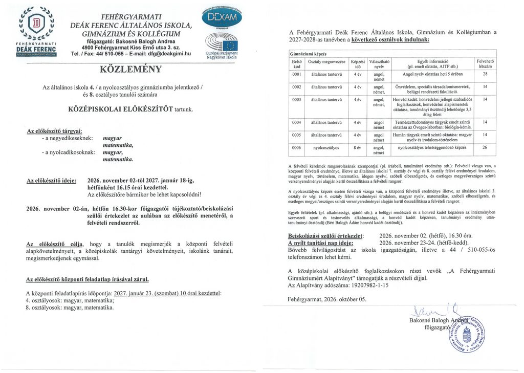 középiskolai előkészítő hirdetménye 2026
